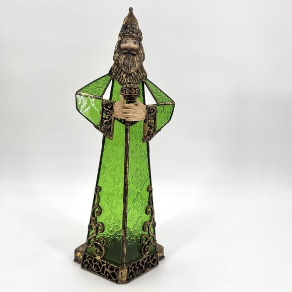 Vtg Wise Men Gold Metal Tin Green Textured Glass Candle Holder/Luminary 15”H - Picture 2 of 11